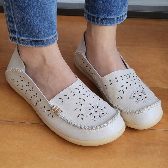 Shoes - Flats Casual Loafers Classic Leather Women's Casual Beige EUR 37 Rubber Sole